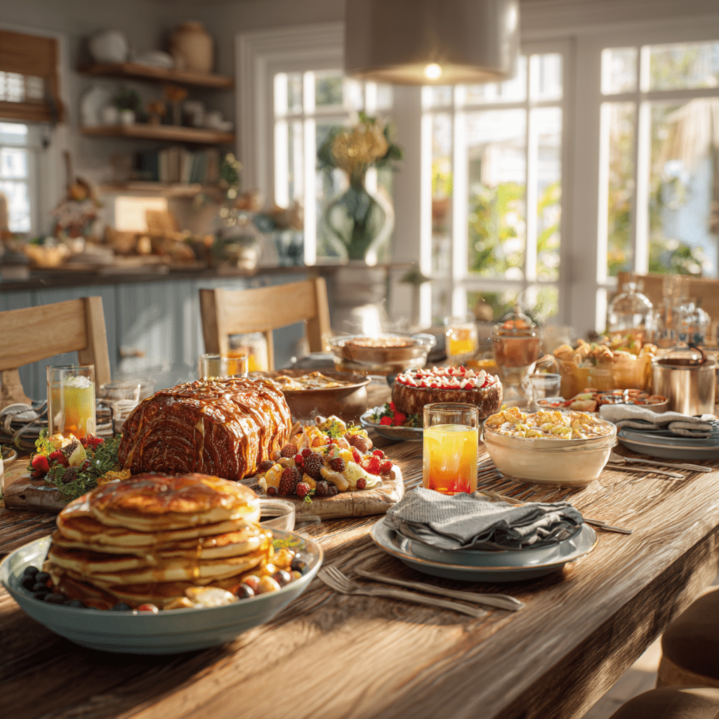 Table filled with American dishes like roasted chicken, breakfast pancakes, cakes, and juices
