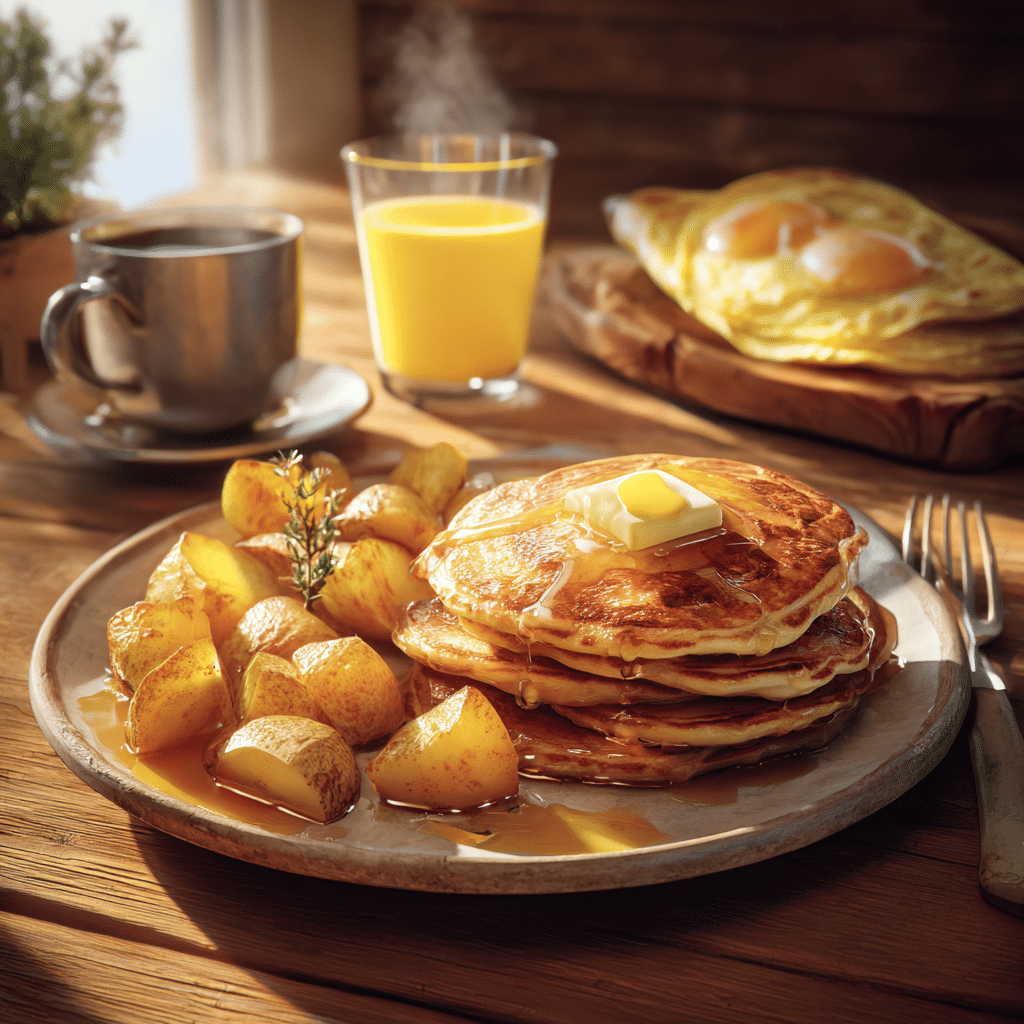 Sunny morning breakfast with pancakes, omelette, and orange juice