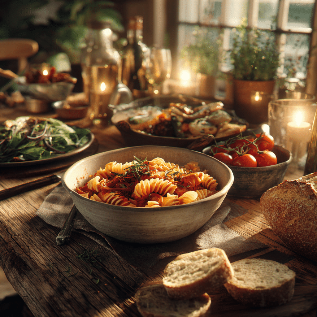Fusilli pasta with tomato sauce, salad, and bread