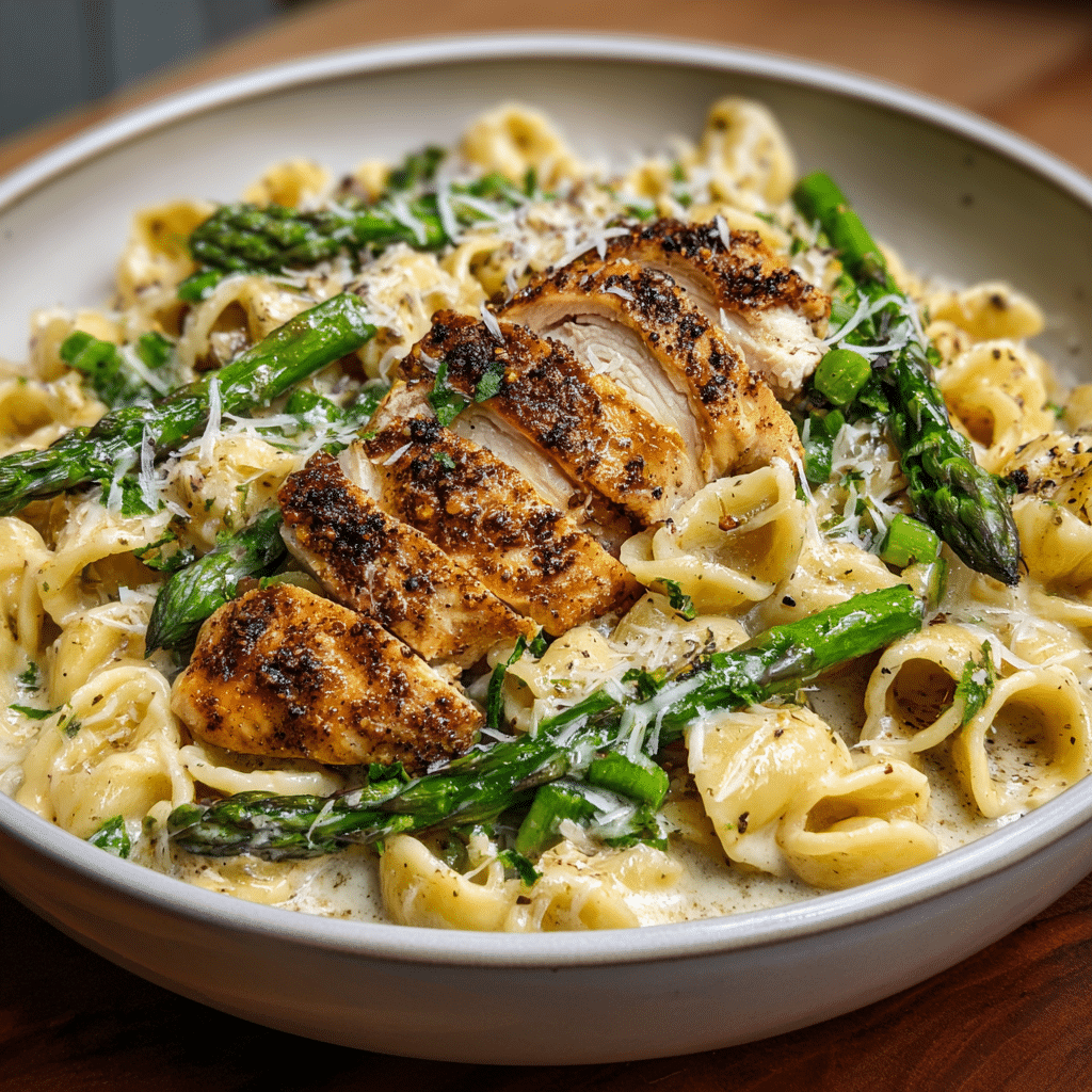 Creamy Black Pepper Chicken Pasta with Asparagus