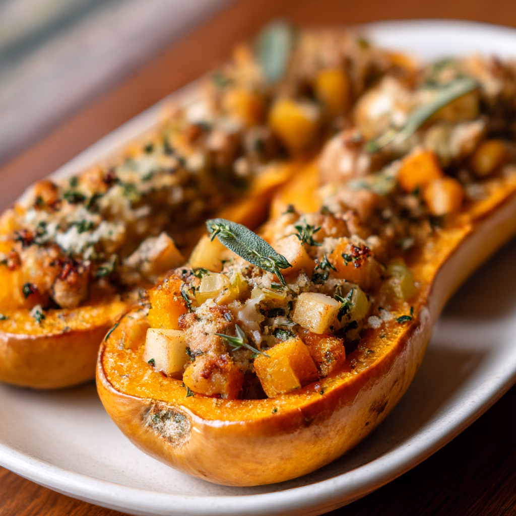 Stuffed Butternut Squash with Turkey Sausage and Apples